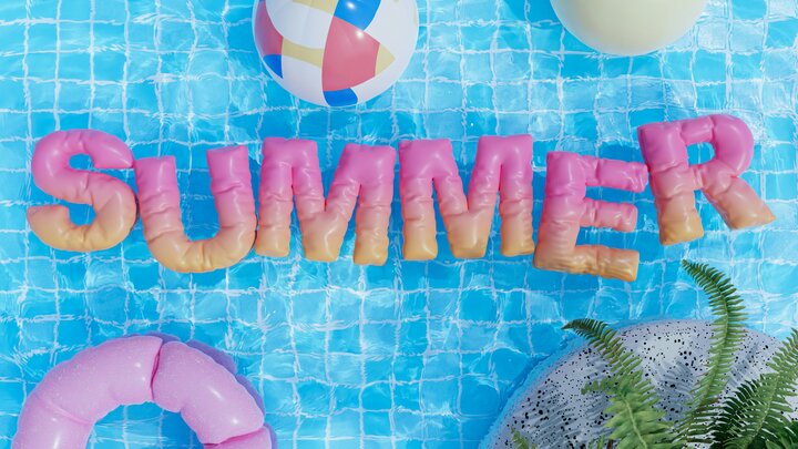 Pool floaties spelling out summer in a pool